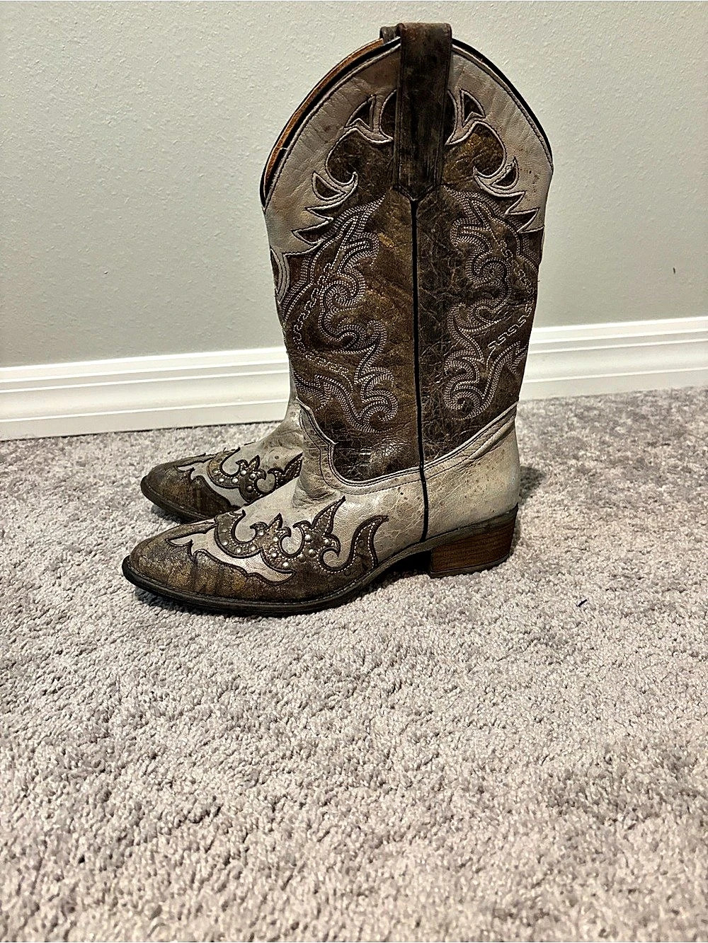 D- Marfa Embroidered Western Heeled Boots in Brown & White